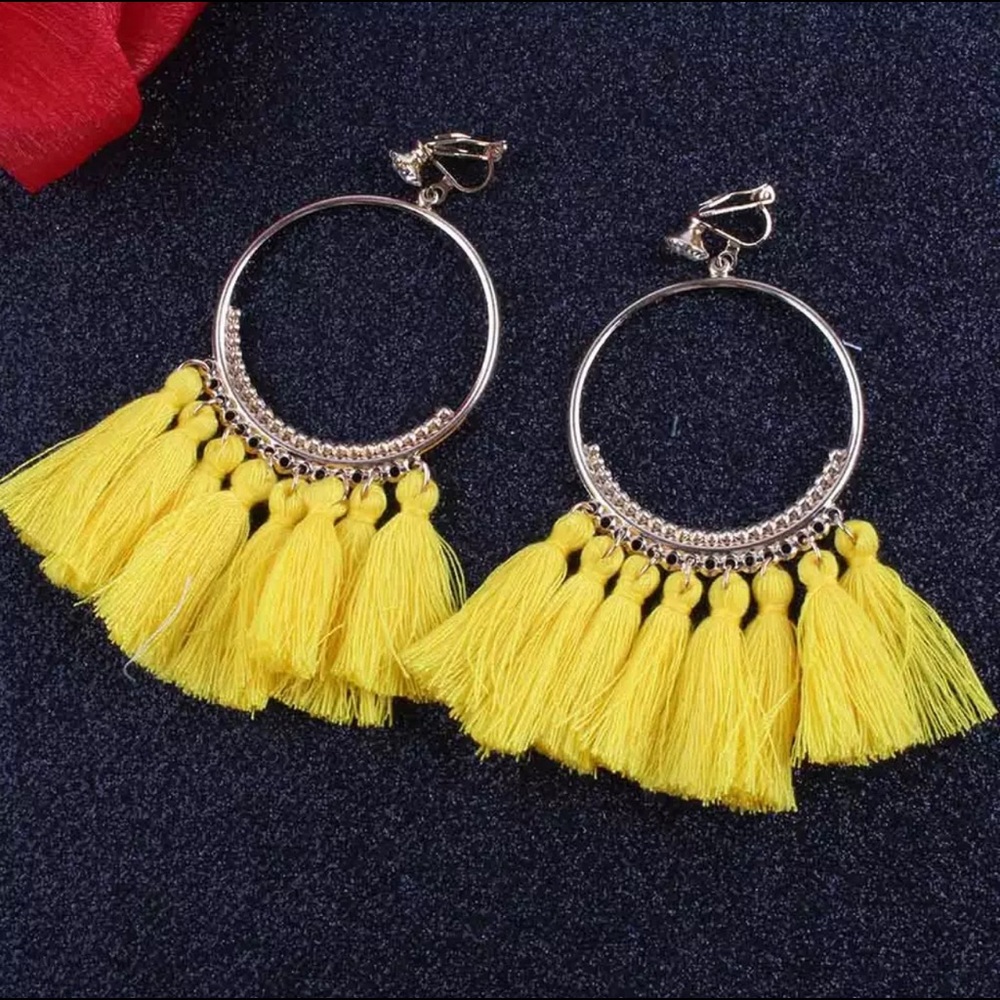 CLIP ON Fashion Bohemian Yellow Summer Tassel Earrings